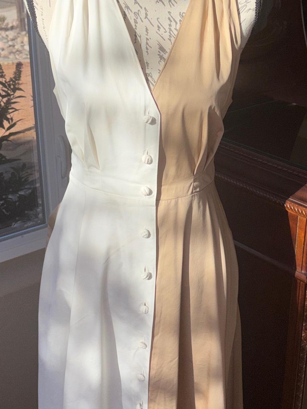 Cream & Beige Two-Tone Button-Front Midi Dress